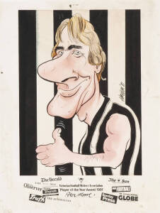 PETER MOORE (Collingwood/Melbourne - Brownlow Medallist 1979 & 1984): Rare, original caricature of Moore by cartoonist George Haddon (The Herald), presented to Moore for being named the Player of the Year in 1981 by the Victorian Football Writers Associat