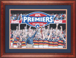 ADELAIDE: "Adelaide - AFL Pemiers 1998", original painting by Matthew Welsby, acrylic, signed lower right, window mounted, framed (no glass), overall 83x64cm. Also display commemorating 1997 & 1998 Premierships, with facsimile autographs of both teams, wi