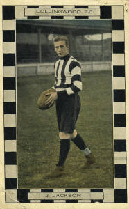 1915 Sport Magazine "Footballer Postcard" for "Collingwood F.C. - J.Jackson". Good condition (minor corner bend). Only 6 players featured from 5 clubs (Collingwood, Carlton, South Melbourne, Fitzroy and Richmond). One of the rarest and most attractive of 