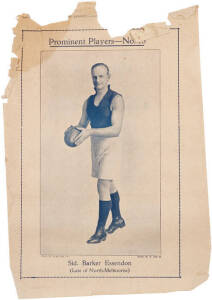 1921 Sporting Life & The Bayonet "Prominent Players" pictorial supplement No.16 "Sid Barker, Essendon (Late of North Melbourne)", 25x38cm. Fair condition. Extremely rare - not illustrated on AFHG "Australian Rules Football Cards" website.