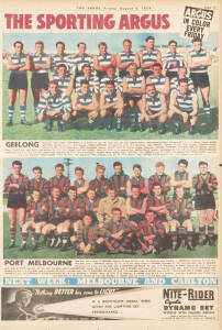 1954 Argus "Colour Team Photos", part set [13/18]. Also colour preview page from semi-final between Geelong and Footscray. Fair/VG.