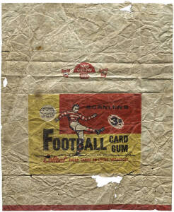 1963 "Scanlens 3D. Football Card Gum" wrapper - the first of the Scanlen's wrappers. Extremely hard to find in any condition. This one has several holes, though most are in the white area surrounding the main image.