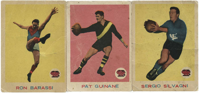 1964 Scanlens "Footballers" [3/33] - No.4 Ron Barassi, No.14 Pat Guinane & No.19 Sergio Silvagni. Fair/G condition.