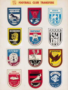 c1965 Artcolour "VFL Club Emblem Decals", complete set [12], mounted onto advertising board, overall 38x50cm. Good condition. Scarce.