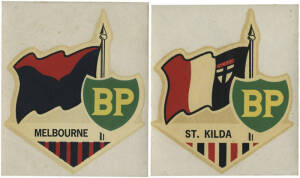 TRANSFERS: c1965 BP "VFL Footy Flags Transfers" [2/24] for Melbourne & St.Kilda (both from Series 2); plus 1968 3UZ "Club Colours" window transfers [2/12] for Collingwood & Geelong. G/VG.