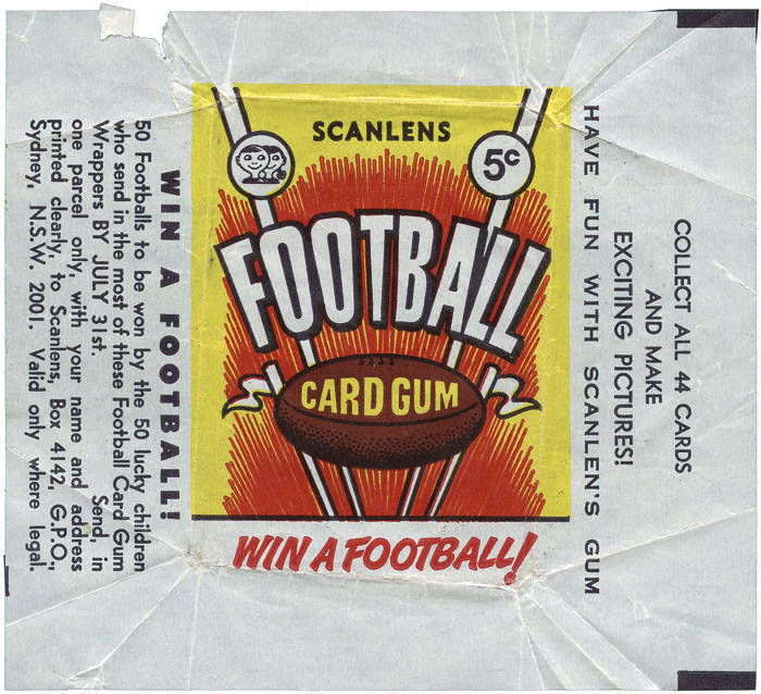 1968 "Scanlens Football Card Gum, 5c" wrapper, (Series A - with red rays in background, "Collect all 44 Cards"). G/VG condition. Rare.