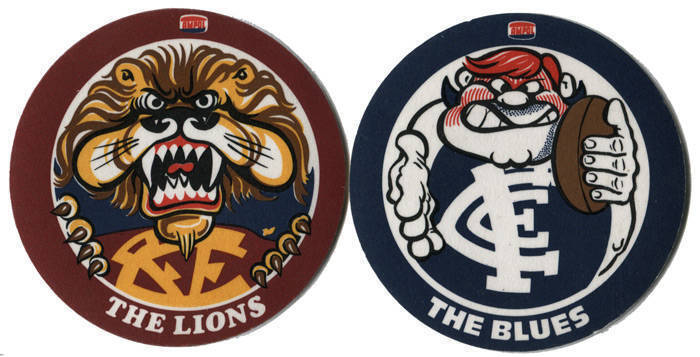 1975 Ampol "VFL Mascot Coasters", almost complete set [10/12] (missing Collingwood & Geelong) + 2 spares. G/VG.