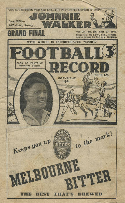 1941 "Football Record", Grand Final - Melbourne v Essendon. Fair/Good condition (one page missing, which would have had an advert on one side, and listing of players on reverse). Scarce. [Melbourne's 5th Premiership - three in a row].