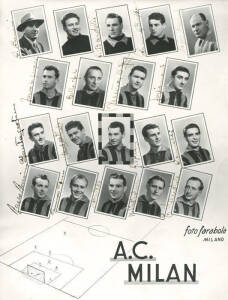 AC MILAN: 1949-50 team photograph with 17 signatures including legendary coach Lajos Czeizler, Lorenzo Buffon, Andrea Bonomi, Gunnar Gren, Omero Tognon, Enrico Candiani, Renzo Burini & Gunnar Nordahl, size 17x23cm