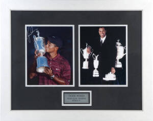 TIGER WOODS, display comprising signed photograph, window mounted with another photograph, framed & glazed, overall 63x50cm. With CoA.