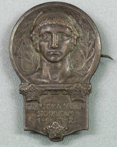 1912 Stockholm Participant's Badge, irregular, 25x37mm, made by C.C.Sporrong & Co., Stockholm. Ex William Alexander, manager of Australasia's (Australia & NZ combined) Athletics team.