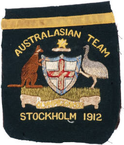 1912 OLYMPICS BLAZER POCKET, green wool, embroidered with Australian Coat-of-Arms, and "Australasian Team/ Olympic Games/ Stockholm 1912". Extremely rare, probably unique. Ex William Alexander, manager of Australasia's (Australia & NZ combined) Athletics 