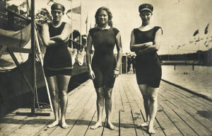 1912 STOCKHOLM POSTCARDS: Group (8) with Numbers 119, 191, 192, 194, 199, 204 (Fanny Durack, Wilhelmemina Wylie and Jennie Fletcher, the three best lady swimmers), 205 & 214. One postally used from William Alexander in Stockholm to his wife in Scotland, o