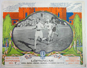 "Olympiska Spelens Lopningar", 16 page booklet, well illustrated with scenes from 100m, 800m, 1500m 5000m & 10000m running races. Text in Swedish, photo captions in Swedish & English, front cover almost detached. Scarce.