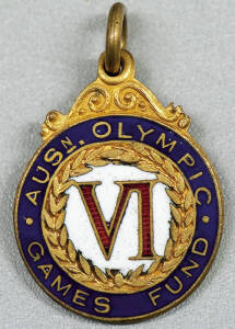 "AUSN. OLYMPIC GAMES FUND/ VI" medallion in gilt and enamel (22mm), made by W.Kerr, numbered "77". Ex William Alexander, manager of Australasia's (Australia & NZ combined) Athletics team at 1912 Stockholm Olympics.