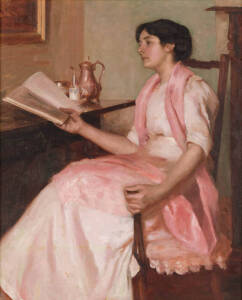 LESLIE ANDREW ALEXANDER WILKIE (1878-1935),&nbsp;Portrait of a lady in a pink dress reading, oil on canvas on board, 88 x 72cm&nbsp;