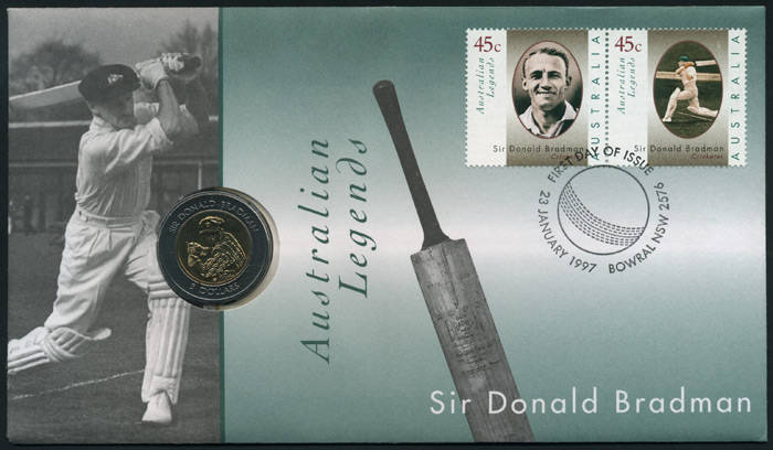 Sir Donald BRADMAN group; 1997 (Jan.23) Sir Donald Bradman PNC with $5 Bi-metal coin (10), P.O. Presentation Pack with souvenir sheet of 10, FDC and maximum cards (10, 1 opened) plus a P.O. pack with a souvenir sheet of 10.