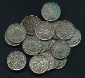 SILVER pre-1945 3d (47), 6d, (21), 1/- (1), 2/- (1) and 1937 Crown (1); Post 1946 3d (22), 6d (12), 1/- (8) and 2/- (48); Plus approx 900gms of &frac12;ds & 1ds and 1966 20c (6). Mixed grades.