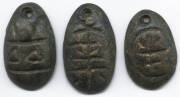 Ancient Cowrie shell money group. Each measuring 35 to 40mm and weighing between 26 to 36 gms. Each with a different kanji/character, all partially gilded. Lists e-bay $80 to $100 each. Offered as is.