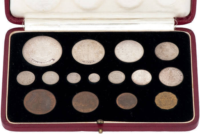 1937 farthing to Crown incl. Maundy coins. Cased SPECIMEN set, minor tones, otherwise superb Unc. In original tooled and gilt Morocco leather case.