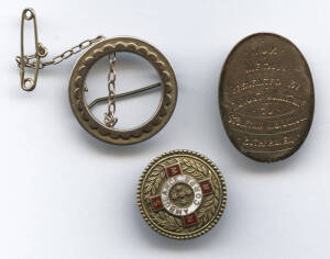 9ct GOLD MEDALS/BADGES, noted 1910 oval medal "Dux Medal, Presented by Provost Johnstone to Stonelaw, H.G.School, Rutherglen"; 1943 "NSWR Ambulance Corps" gold & enamel pin/medal; circular brooch. Total weight 10.33 grams.