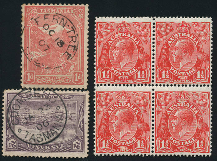 Large box with a wide range, States to early decimals in packets, envelopes and tins. Majority used, smattering of mint throughout incl. a few KGV. Noted 'Roos, KGV in various quantities, postage dues to 5/- and a $10 MUH pair. Used stamps incl. many comm