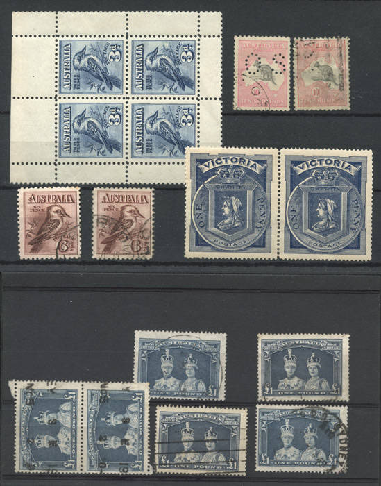 Pre-decimal accumulation on exchange sheets, majority used in packets. Range incl. a few States, 'Roos to 10/- (2), KGV heads and postage dues. Noted KGV & KGVI high values in quantity incl. £1 Robes (6), varieties, ½d Roo coil strips and a few sheets inc