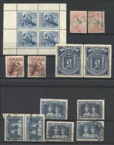 Pre-decimal accumulation on exchange sheets, majority used in packets. Range incl. a few States, 'Roos to 10/- (2), KGV heads and postage dues. Noted KGV & KGVI high values in quantity incl. £1 Robes (6), varieties, ½d Roo coil strips and a few sheets inc