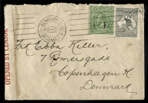 1916 (Dec.30) usage of 2d Grey and KGV &frac12;d Green, single wmk on a censored cover, Bundaberg - Copenhagen, Denmark, with arrival cds on reverse. Roughly opened, scarcer destination.