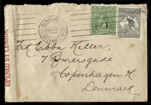 1916 (Dec.30) usage of 2d Grey and KGV ½d Green, single wmk on a censored cover, Bundaberg - Copenhagen, Denmark, with arrival cds on reverse. Roughly opened, scarcer destination.