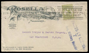 Aug.1918 usage of 3d Olive-Green (Die 1) on attractive advertising cover for Rosella, from Melbourne to San Francisco; with "3rd Military District" censor cachet