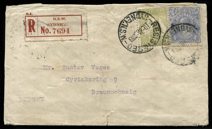 Jan.1923 usage of 3d Olive (Die 2) + 4d Ultramarine KGV on registered cover (small faults) from Sydney to Germany; with arrival backstamp. A scarce usage.