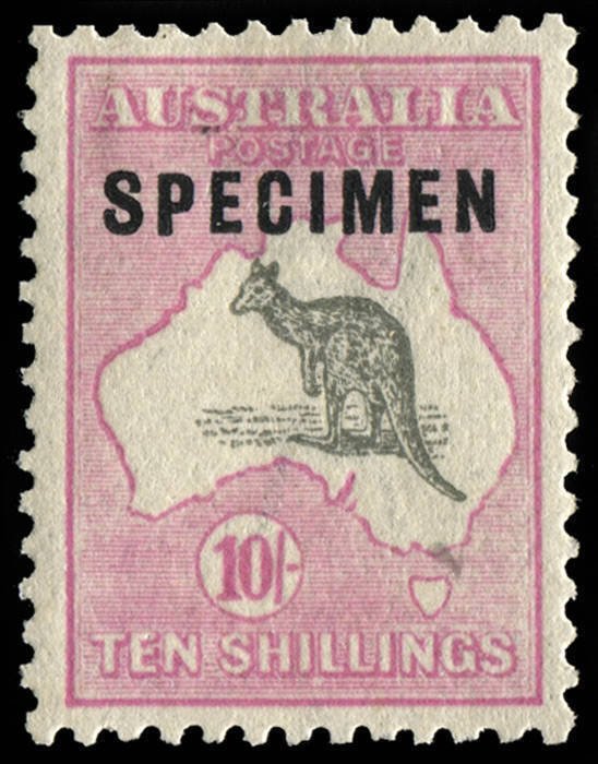 10/- Grey & Pink overprinted 'SPECIMEN' Type C [BW:48xb - Cat.$2500], unusually well centred, very lightly mounted. [ACSC states: "This is a rare stamp, with only 360 printed..." A scarce stamp in very fine condition.