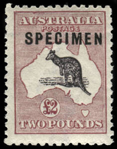 &pound;2 Purple-Black & Pale-Rose, overprinted SPECIMEN Type C with variety "shaved P"; scarce unmounted example. BW:56xf.