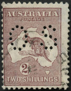 2/- Maroon, punctured OS, with 'Chopped neck kangaroo' and "DOUBLE PRINT" variety (duplication especially notable above upper and lower frames); BW.38ba, c & d, 1L1. A fine used, plated example of this scarce stamp. Cat.$2000+.