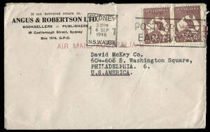 Sept.1946 usage of 2/- Maroons (2), perforated "A+R" (for Angus & Robertson), FU on cover from Sydney to USA. Scarce and correctly rated for airmail to the USA.