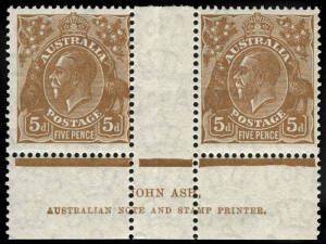 1&frac12;d scarlet, Die II, Sm. Mult. wmk, perf 14, Mullett imprint block with "'ST' of POSTAGE joined; BW.91(4)zb & k; 5d Brown, Cof A wmk., Ash imprint pair. Both fine and fresh.
