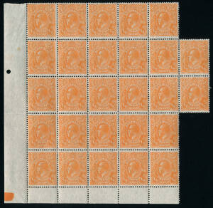 ½d Orange: group with Single wmk. (17), Small Mult, perf 13½ x 12½ (75 incl. a blk of 27) and CofA (10). Majority in positional blocks, incl. plateable varieties. Mixed condition, mainly fine.