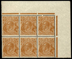 5d Light Orange-Brown, upper right corner block showing variety "Thin FIVE PENCE". BW.126g. Cat.$675.