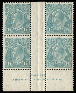 1/4 Greenish-Blue, Ash Imprint block, very fine & fresh. Rarely found completely ** as here.