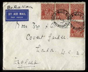 1934 (July 6) usage of 2d Scarlet, Die III, punctured "VG" (x4), tied by Melbourne (Ship Mail Room) cds, on an airmail cover to London. With printed dark blue crown on backflap.