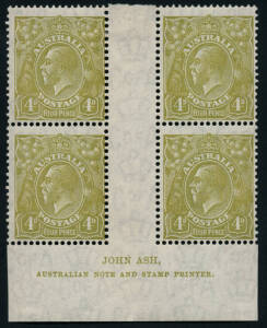 4d Olive, Ash Imprint blk.(4); from Plate 4 (N over N), with variety "Diagonal white line on king's neck" [R55] MUH/MLH.