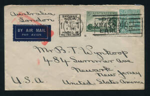 AIR-SEA RATE COVER: Dec.1935 usage of 1/4 KGV + 3d Air on flown cover from Sydney to USA. The 1/7 rate paid for airmail via London then by ship across the Atlantic.