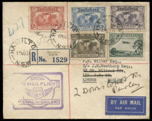 19 Nov.1930 (SG.115/AAMC.222) Australia - England registered first flight cover, franking including the 3d green air mail booklet stamp with variety "LONG WING TO AEROPLANE", BW.136d. The stamp also shows the dot in lower margin. Extremely scarce on cover