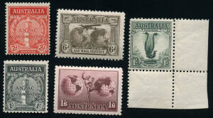 1931 6d sepia Airmail, 1932 1/- Large Lyrebird, 1934 1/6 Hermes (NO wmk) & 1935 2d & 1/- ANZAC; all fresh MUH.