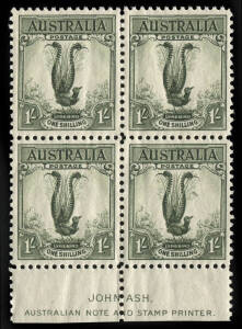 1932 1/- Large Lyrebird, Ash Imprint block. Superbly centred.