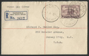 1934 Macarthur set of 3 on 2 plain FDC's, the 9d a registered single franking, Tenterfield NSW - Jersey City USA. Plus the set of 3 in blocks of 4*.