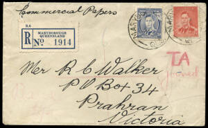 1937 (Sept.4) usage of 3d Blue KGVI, Die I "White Wattles" plus 2d Red KGVI on a commercial registered cover Maryborough, Qld. - Prahran Vic. Minor faults do not detract from this very scarce usage.