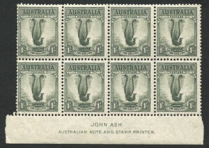 1937-40 (SG.174) 1/- green Lyrebird, perf. 13.5 x 14, lower marginal block with imprint, offered as x7**.