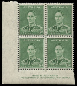1941-42 (SG.183) 1&frac12;d green, KGVI definitive By Authority imprint block with "Crack through 'COMMONWEALTH' & 'AUSTRALIA'"; BW.186zf, State I. Rarely offered.
